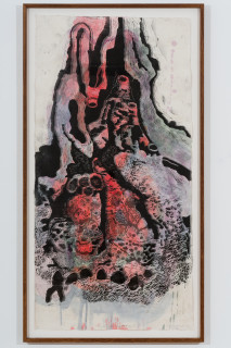 John Wolseley Termitaria Indwelling V, 2025; linocut and watercolour on paper; 188 x 96 cm; 205 x 110 cm (framed); Edition of 5; enquire