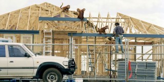 Patricia Piccinini 24. Nature's Little Helpers: Encroachment. (A typical family group with an infant has infested this construction site.), 2005; Digital C type photographs; 110 x 180 cm; 110 x 180 cm (frame size); Edition of 6; Enquire