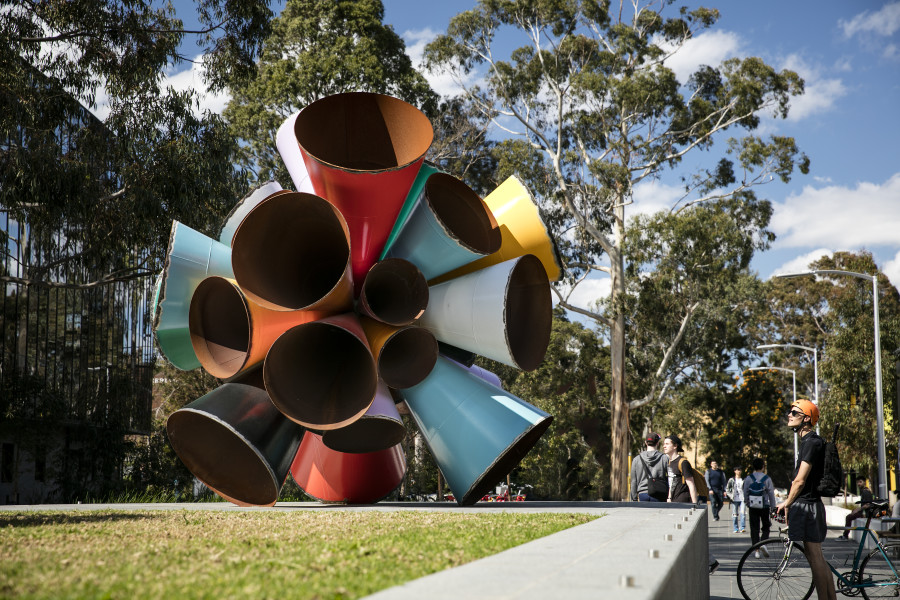 Installation view, James Angus, Built Unbuilt Unbuildable, 2015, COR-TEN steel and polyester epoxy paint; Monash University Public Art Commission, Monash University Collection, 13 Rainforest Walk, Clayton campus