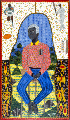 Robert Campbell Jnr Sammie Alfie Drew, Local Macleay Aboriginal Sporting Identity (Football and Cricket), 1990; acrylic on canvas; 144 x 197 cm; enquire