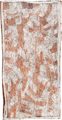 Nyapanyapa Yunupiŋu Pink and White Painting #5, 2010; 3724T; Natural earth pigments on bark; 127 x 66 cm; enquire