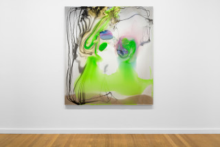 installation view; Dale Frank His isolating yet increasingly ever more complex dawn fantasies where in fact his barometer check in on reality, to form up his constant thoughts throughout the day, enough to wander and wonder in his glass like life reflecting only his constant misunderstandings, 2025; colour powder pigments in Epoxyglass, Epoxyglass, on perspex; 200 x 180 cm; enquire