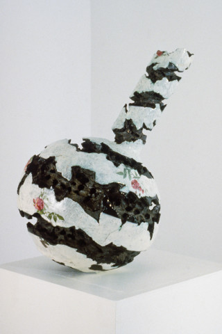 Rod Bamford Globe: Fuse, 1988-89; ceramic, treated with glazed surfaces and enamel decals; 67 x 40 x 40 cm; enquire