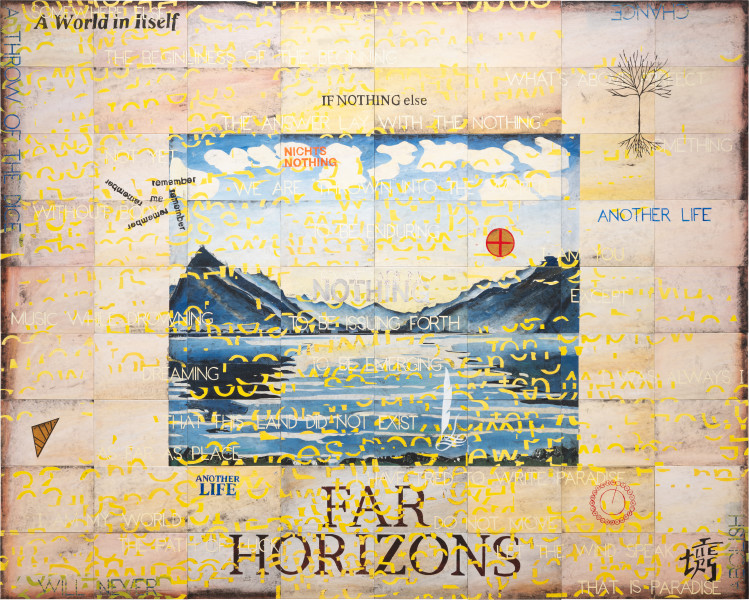 Imants Tillers Somewhere Else, 2025; synthetic polymer paint, gouache on 72 canvasboards, nos. 116907-116978; 228.6 x 284.5 cm; enquire