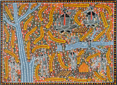 Robert Campbell Jnr Having A Good Feed of Witchety Grubs, 1990; acrylic on canvas; 89 x 119 cm; enquire