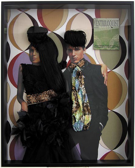 Jacqueline Fraser The Ventriloquist says, 2005; pleated lace, wigs, sequin braid, sequin knit, taffeta ribbon, faux fur, back light photo, French silk brocade; 125 x 102.5 x 16 cm; enquire