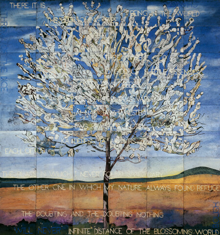 Imants Tillers The Blossoming Tree, 2017; acrylic, gouache on 54 canvas boards, no. 98784 - 98837; 226 x 212.5 cm; Enquire