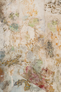 John Wolseley Mimesis - Leaf-tailed geckos on bark, moss and lichen II (detail), 2025; watercolour, graphite, nature prints and found woodblock prints on paper; 102 x 83 cm; 120 x 101 cm (framed); enquire