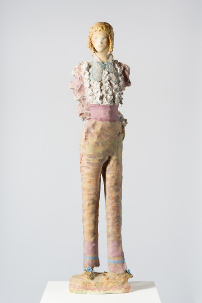 Linda Marrinon Woman with pink cummerbund, 2025; painted plaster and muslin; 118 x 30 x 18 cm; enquire