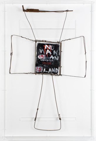 Fiona Hall zero sum, 2017; aluminum can, tin, wire, paint; 85.5 x 56.5 x 7 cm; enquire