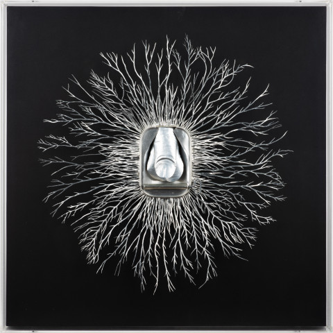 Fiona Hall Mycorrhizal network II, 2024; Aluminium drink and fish cans; 49.5 x 49.5 cm; enquire