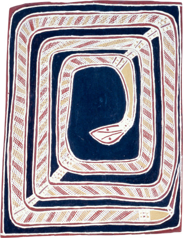 Paddy Dhatangu Wititj - Olive Python, 1989; natural ochre pigments on Stringybark; 53 x 41 cm; enquire