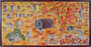 Robert Campbell Jnr Life in the Aboriginal Camp, 1989; acrylic on board; 128 x 250 cm; enquire