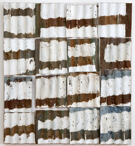 Rosalie Gascoigne High Country, 1999; painted corrugated iron panels on wood; 134 x 121 cm; enquire