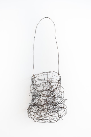 Lorraine Connelly-Northey Narrbong, 2019; CONNL - 0009; burnt ring-grip fencing wire; 183 x 70 x 19 cm; Enquire