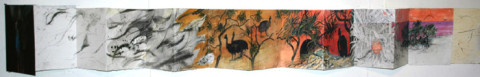 John Wolseley 8. Cassowary concertina, 2004; carbonised wood and watercolour on folded paper; 38 x 270 cm (paper), 61 x 298.6 x 18.3 cm (framed); enquire