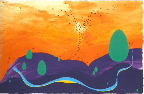 Nell Blue and Yellow, Purple Hills, 2003; gouache on paper; 21 x 32.1 cm; enquire