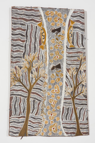 Yalmakany Marawili Women Harvesting Lillies, 2024; 5875-24; earth pigments on Stringybark; 89 x 54 cm; more info; enquire