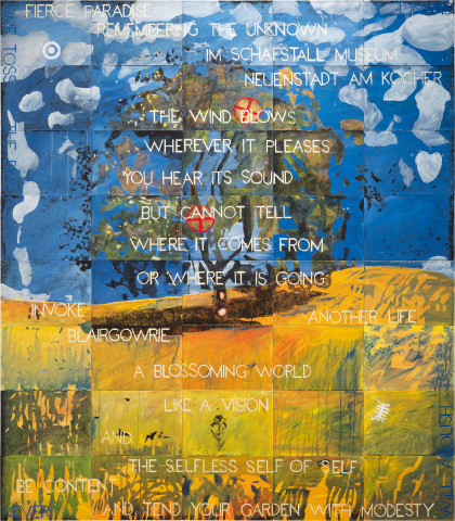 Imants Tillers A Fierce Paradise, 2025; synthetic polymer paint, gouache, oilstick on 40 canvasboards, nos. 117314-117353; 203.2 x 177.8 cm; enquire