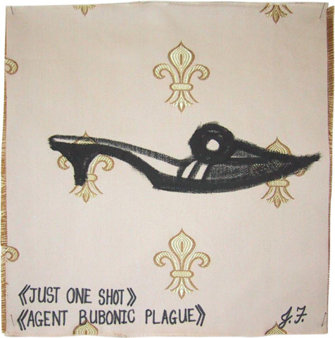 Jacqueline Fraser Just one shot > >, 2003; from the series AN ELEGANT PORTRAIT REFINED IN ELEVEN STUDIOUS PARTS >; oil stick on fabric (framed); 32 x 32 cm; enquire