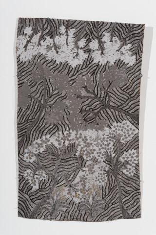 Yalmakany Marawili The forest by moonlight, 2025; 2235-25; earth pigments on stringybark; 95 x 60 cm; more info; enquire