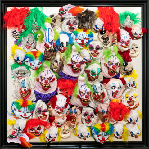 Dale Frank Eric, 2016; painted rubber silicon clown  masks in Liquid Glass on perspex; 200 x 200 cm; enquire