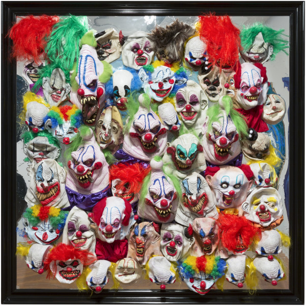 Dale Frank Eric, 2016; painted rubber silicon clown masks in Liquid Glass on perspex; 200 x 200 cm; Enquire