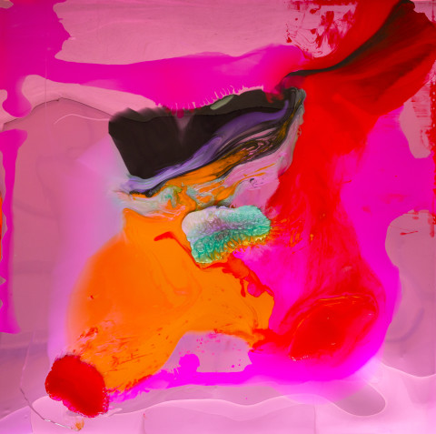 Dale Frank She needed to declutter her life and her bedroom, 2026; colour powder pigments in Epoxyglass, Epoxyglass, on perspex; 200 x 200 cm; more info; enquire