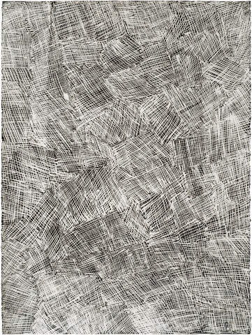 Nyapanyapa Yunupingu Djorra (paper) 13, 2014; TPA123; felt tip pen, earth pigments on discarded print proofs; 75 x 56 cm; Enquire