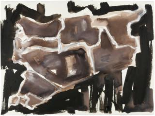 Fiona Hall Cage (Syria map 4), 2017; Cat no. 44; gouache and tapa dye on rag paper; 57 x 76 cm; enquire