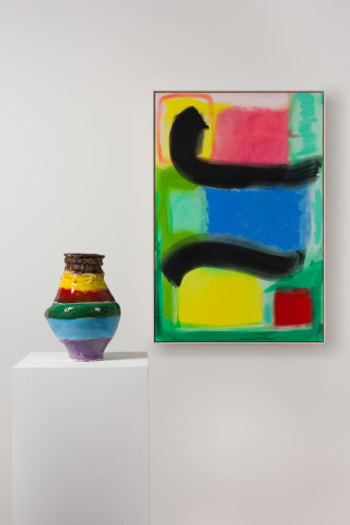 Angela Brennan Interlude, 2017-19; oil on linen and earthenware; 108 x 73.5 cm; enquire