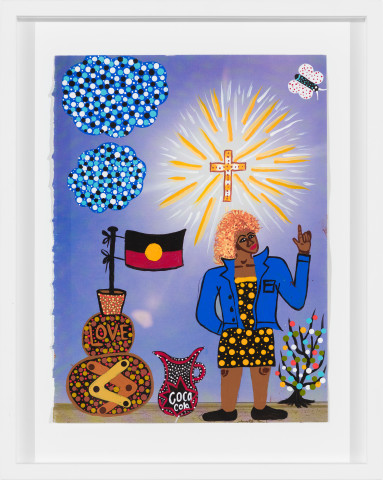 Kaylene Whiskey Tina Turner in Coober Pedy, 2020; Acrylic on found print; 30 x 20 cm; more info; enquire