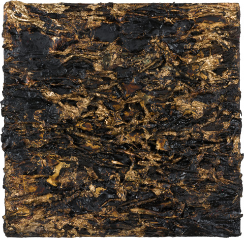 Kirtika Kain larva, 2022; cotton, tar, gold leaf on recycled silkscreen; 37 x 37 cm; more info; enquire