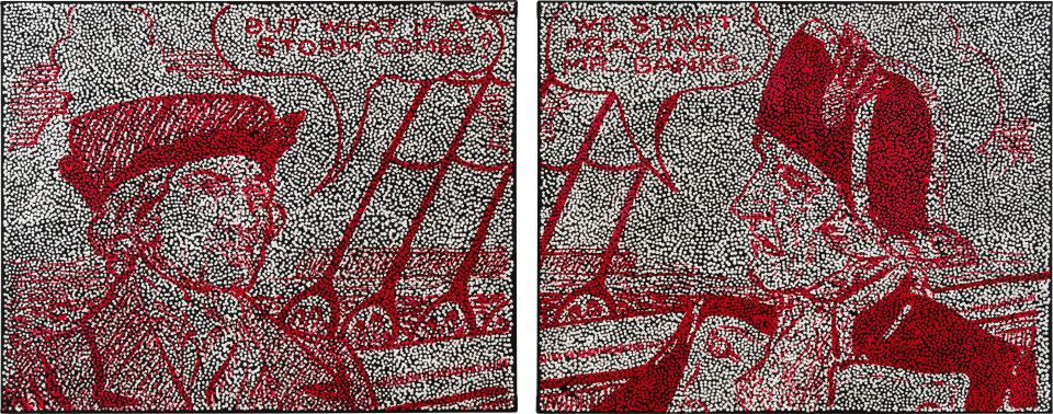 Daniel Boyd Untitled (ITYHTSTI), 2025; oil, acrylic and archival glue on canvas; diptych; 80 x 100.5cm each; more info; enquire