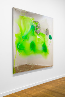 installation view; Dale Frank The men he befriended he always drugged three times, to get them home, to have sex with them, and to kill them, always the way he wanted, 2026; colour powder pigments in Epoxyglass, Epoxyglass, on perspex; 200 x 200 cm; enquire