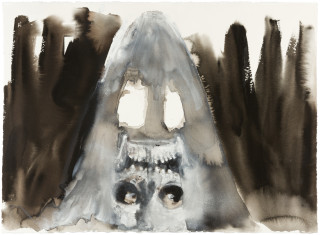 Fiona Hall Caged 11., 2017; Cat no. 62; gouache and tapa dye on rag paper; 57 x 76 cm; enquire