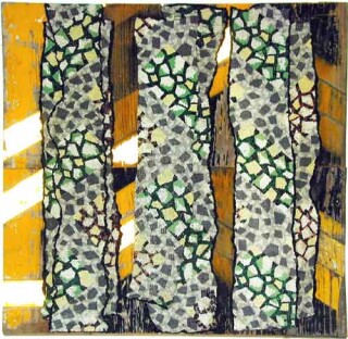Rosalie Gascoigne Poplars, 1996-97; retro-reflective roadsign & lino on wood; 60 x 62 cm; enquire
