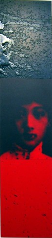 Lindy Lee Immortal Sister Lee Kam Lan, 2003; inkjet print, oil, wax and acrylic on board; 3 panels, 124.5 x 28.5 cm; enquire