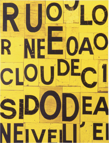 Rosalie Gascoigne Cloud Cuckoo Land, 1998; retro reflective roadsign on wood; 128 x 100 cm; enquire