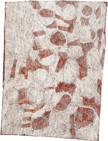 Nyapanyapa Yunupiŋu Mangutji #2, 2010; Natural earth pigments on bark
3709U; 103 x 78 cm; enquire