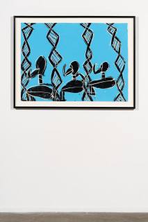 installation view; Dhambit Munuŋgurr Ḏulk, 2025; 391-25; acrylic and earth pigment on paper; 80 x 110 cm; enquire