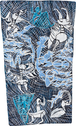 Dhambit Munuŋgurr Dhunum, 2023; 6641-22; acrylic on bark; 224 x 133 cm; enquire