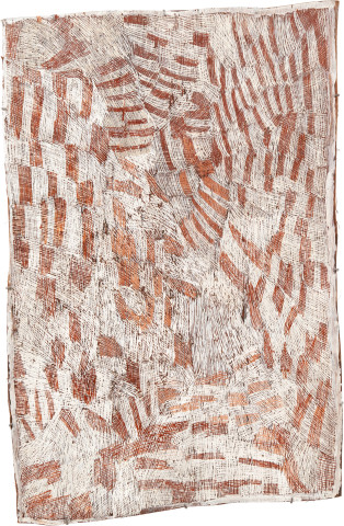 Nyapanyapa Yunupiŋu Pink and White Painting #4, 2010; 3723M; Natural earth pigments on bark; 128 x 86 cm; enquire