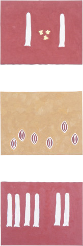 Fiona Foley Red Ochre me, 1998; red ochre and oil on canvas; 3 panels, 35.5 x 45.5 cm each; enquire