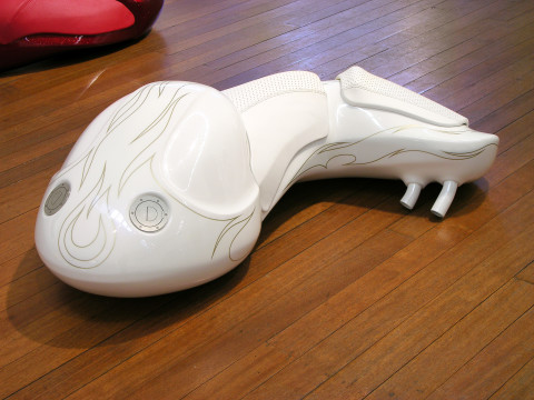 Patricia Piccinini Cyclepups: Angel, 2005; fibreglass, automotive paint, leather and stainless steel; 40 x 110 x 50 cm; enquire