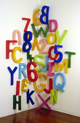 Lauren Berkowitz ABC123 2001, 2001; from the series Cat #1; hessian, calico, rice glue, and liquid text acrylic; 235 x 157 x 74 cm; enquire