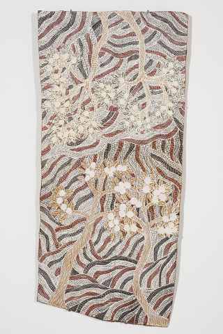 Yalmakany Marawili Burukpili, 2024; 8123-24; earth pigments on Stringybark; 106 x 49 cm; more info; enquire
