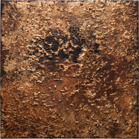 Kirtika Kain Blue Bloods III, 2023; cotton wicks, wax, artist pigment, acrylic paint, tar, gold leaf, Holi pigment; 120 x 120 cm; more info; enquire