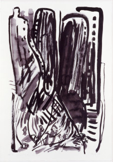 Kevin Connor Pitt Street, Figures in the paper mountains, 1985; ink on paper; 76 x 107 cm; enquire