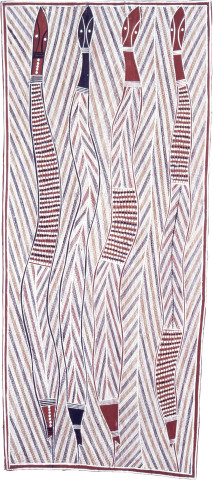 Djardi Ashley Wititj - Olive Pythons, 1989; natural ochre pigments on Stringybark; 134 x 61 cm; enquire